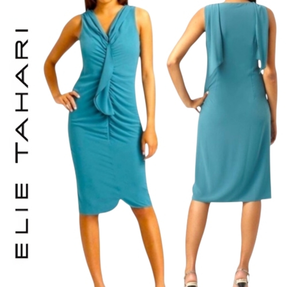 ELIE TAHARI AVELON Blue Matte Crepe Fitted Sheath Dress Ruffle Vneck Ruched Sz 6